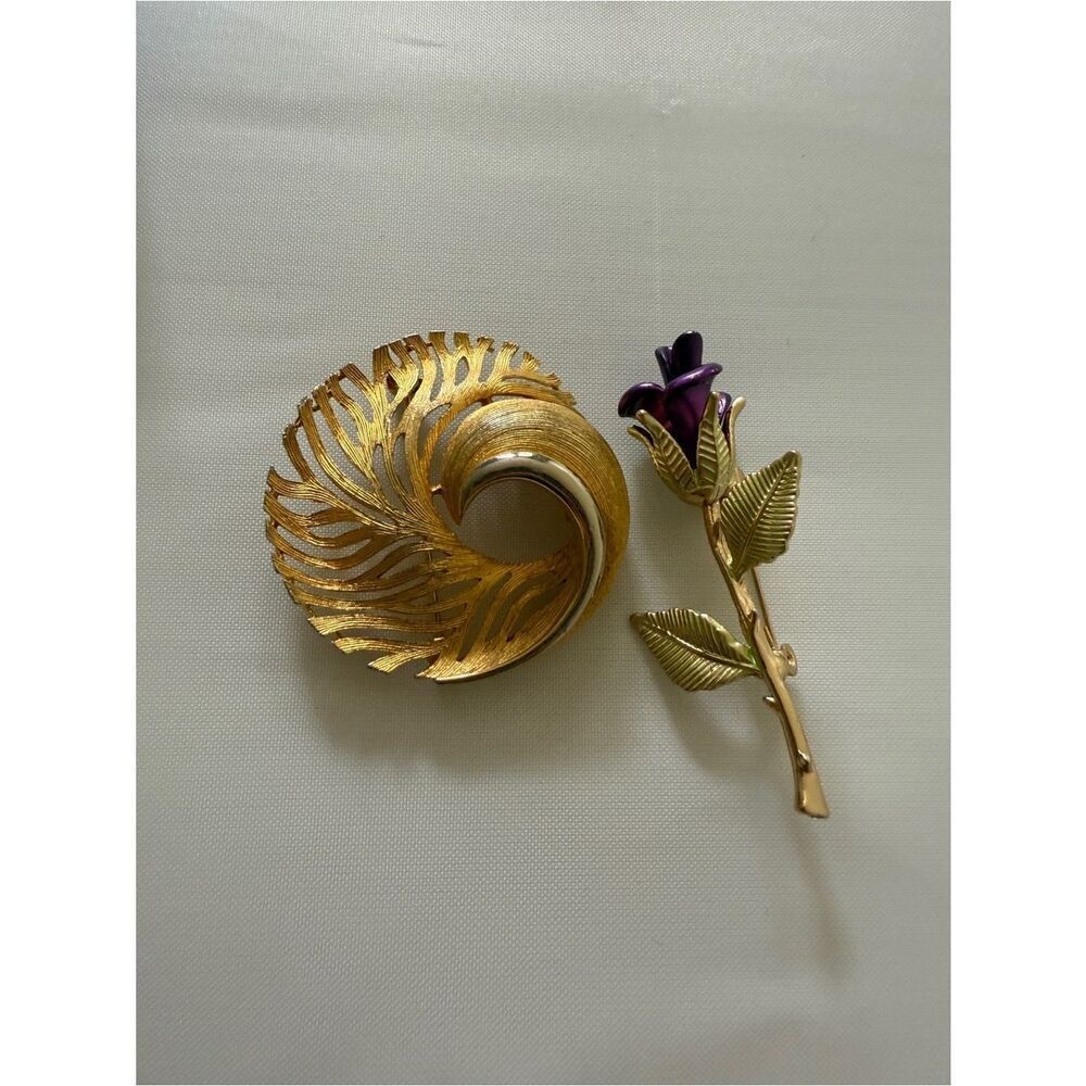 Vintage Two Brooch Lot Rose and MCM Goldtone Brushed Abstract Brooch